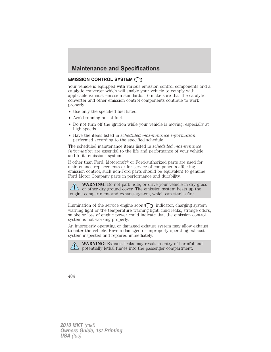 Emission control system, Maintenance and specifications | Lincoln MKT User Manual | Page 404 / 430