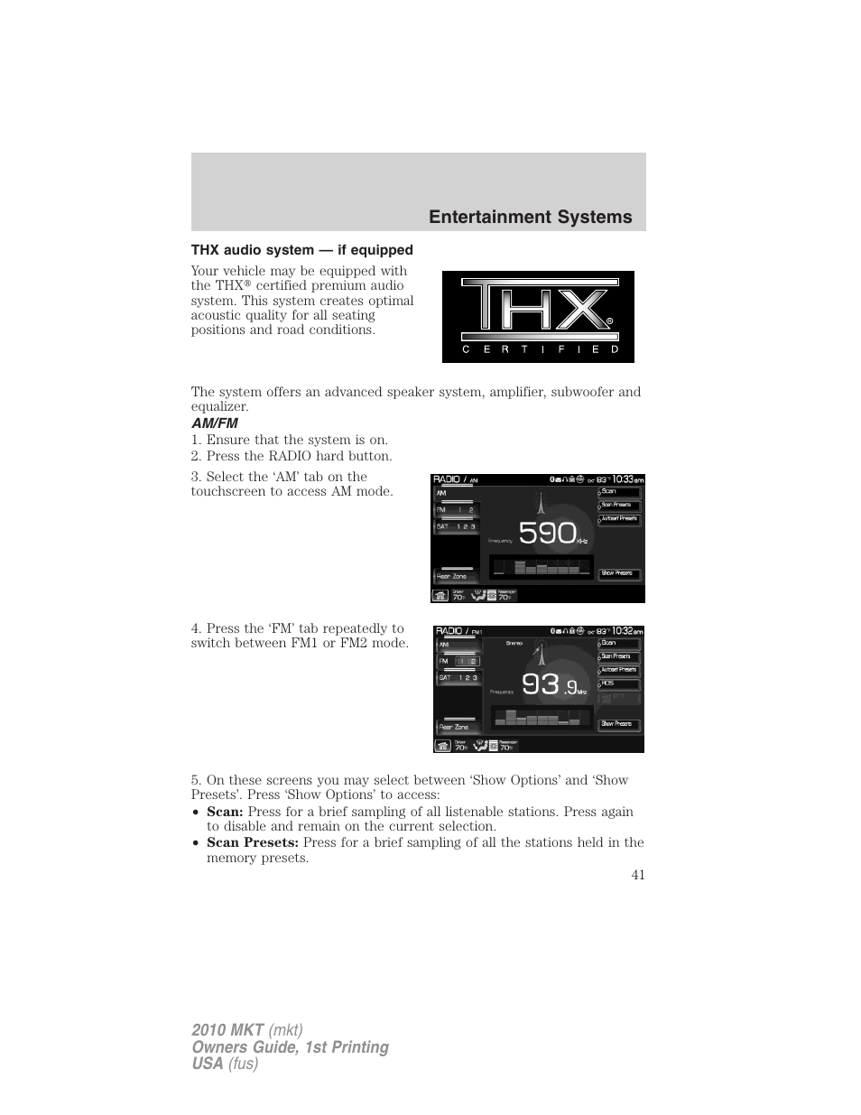 Thx audio system — if equipped, Am/fm, Entertainment systems | Lincoln MKT User Manual | Page 41 / 430