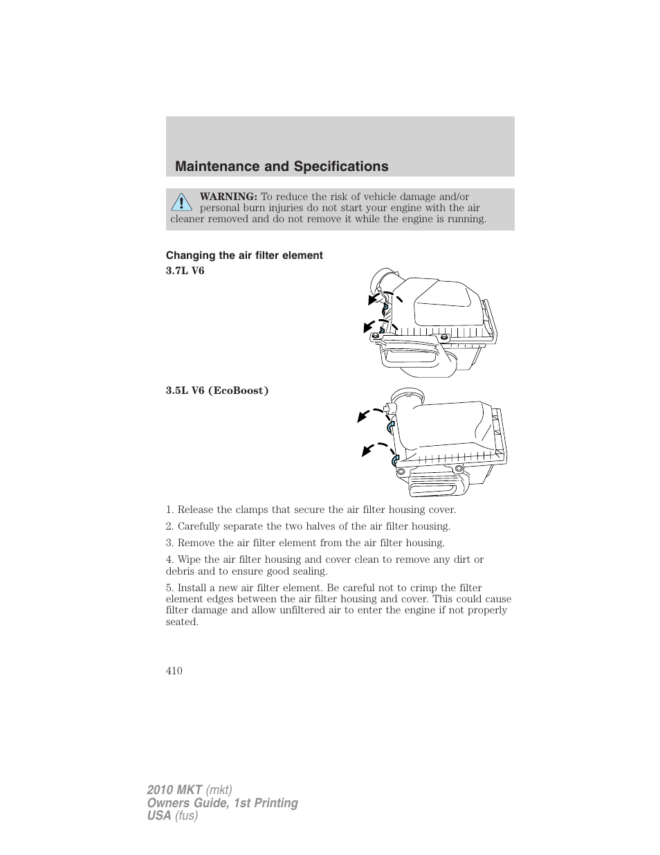 Changing the air filter element, Maintenance and specifications | Lincoln MKT User Manual | Page 410 / 430