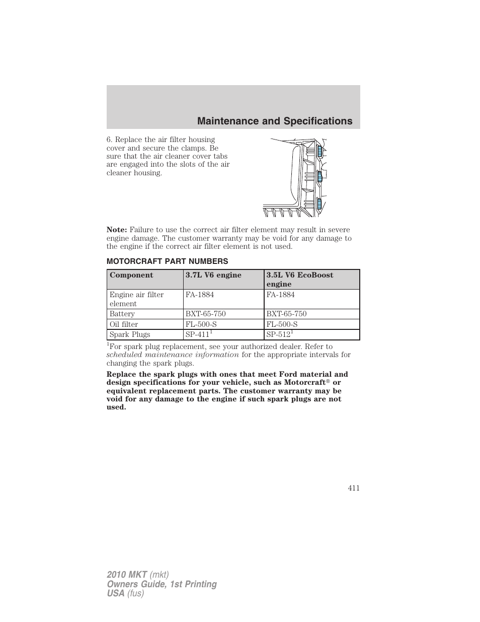 Motorcraft part numbers, Part numbers, Maintenance and specifications | Lincoln MKT User Manual | Page 411 / 430