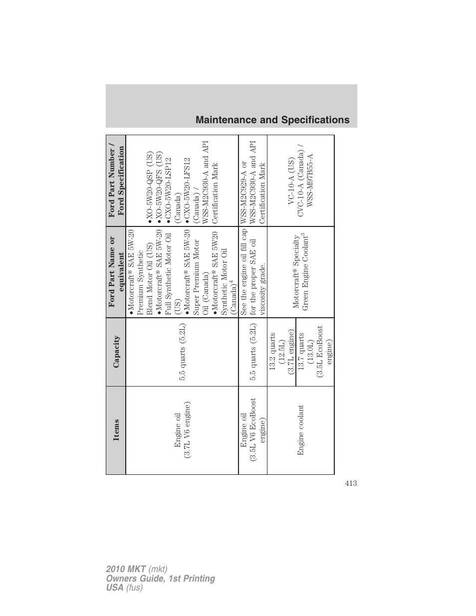 Maintenance and specifications | Lincoln MKT User Manual | Page 413 / 430