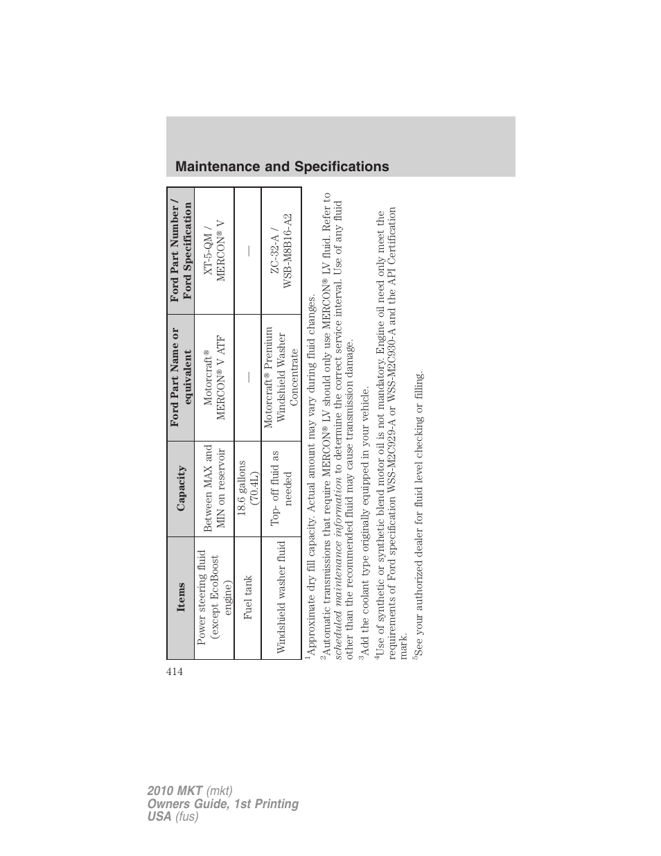 Maintenance and specifications | Lincoln MKT User Manual | Page 414 / 430