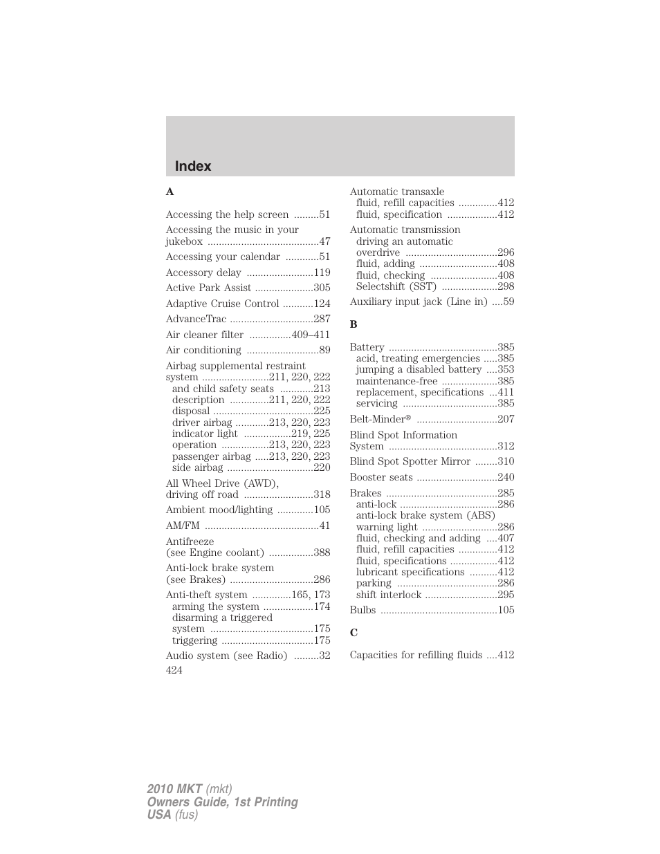 Index | Lincoln MKT User Manual | Page 424 / 430