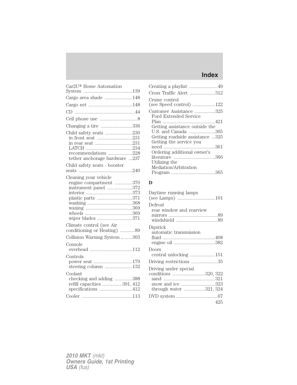 Index | Lincoln MKT User Manual | Page 425 / 430