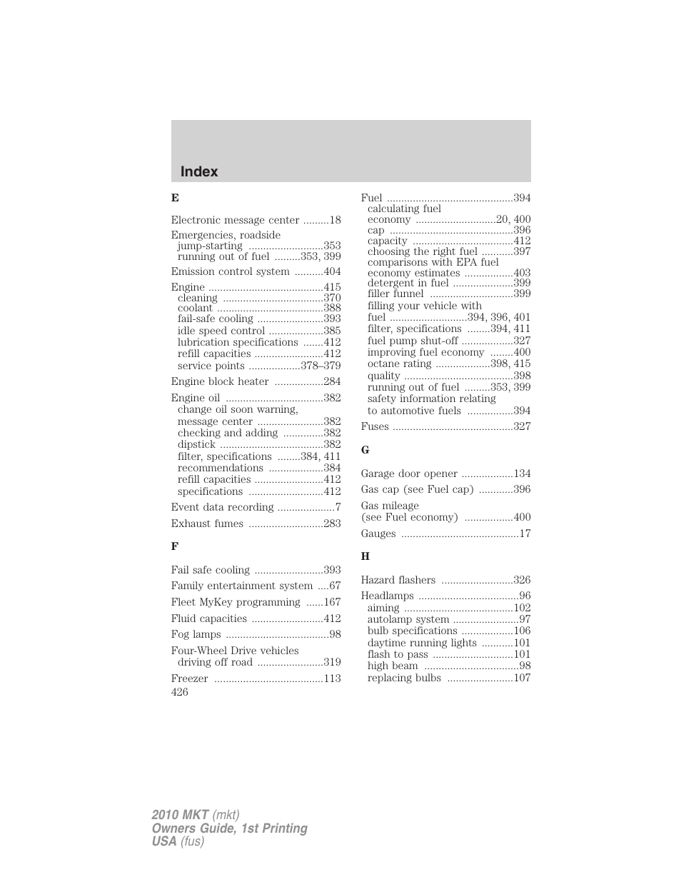 Index | Lincoln MKT User Manual | Page 426 / 430