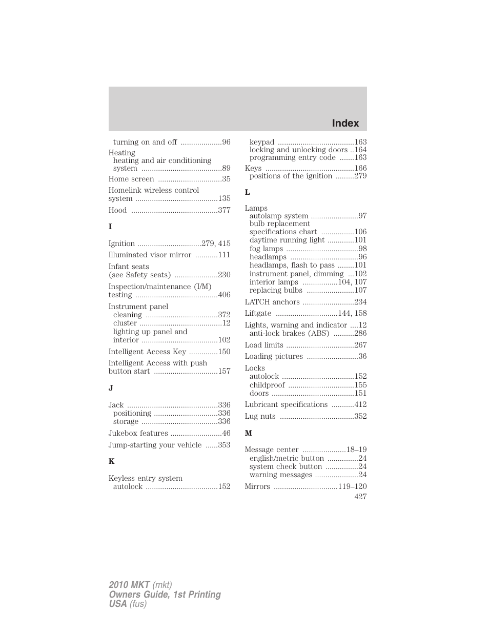 Index | Lincoln MKT User Manual | Page 427 / 430