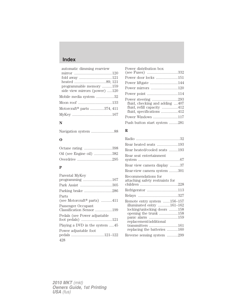 Index | Lincoln MKT User Manual | Page 428 / 430