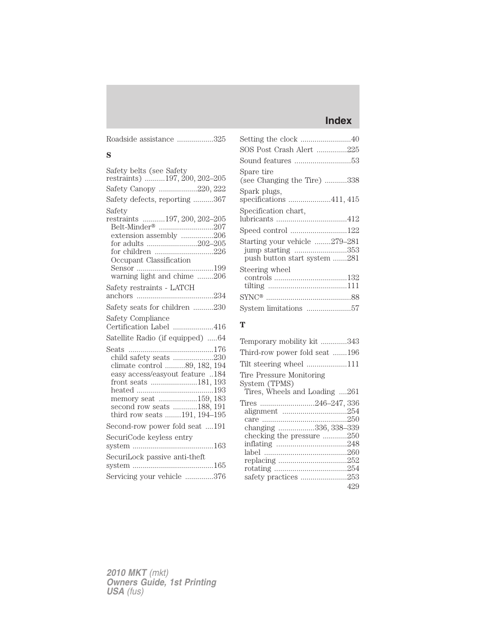 Index | Lincoln MKT User Manual | Page 429 / 430