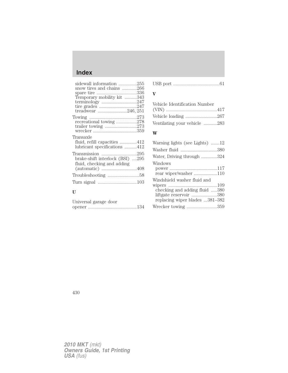 Index | Lincoln MKT User Manual | Page 430 / 430