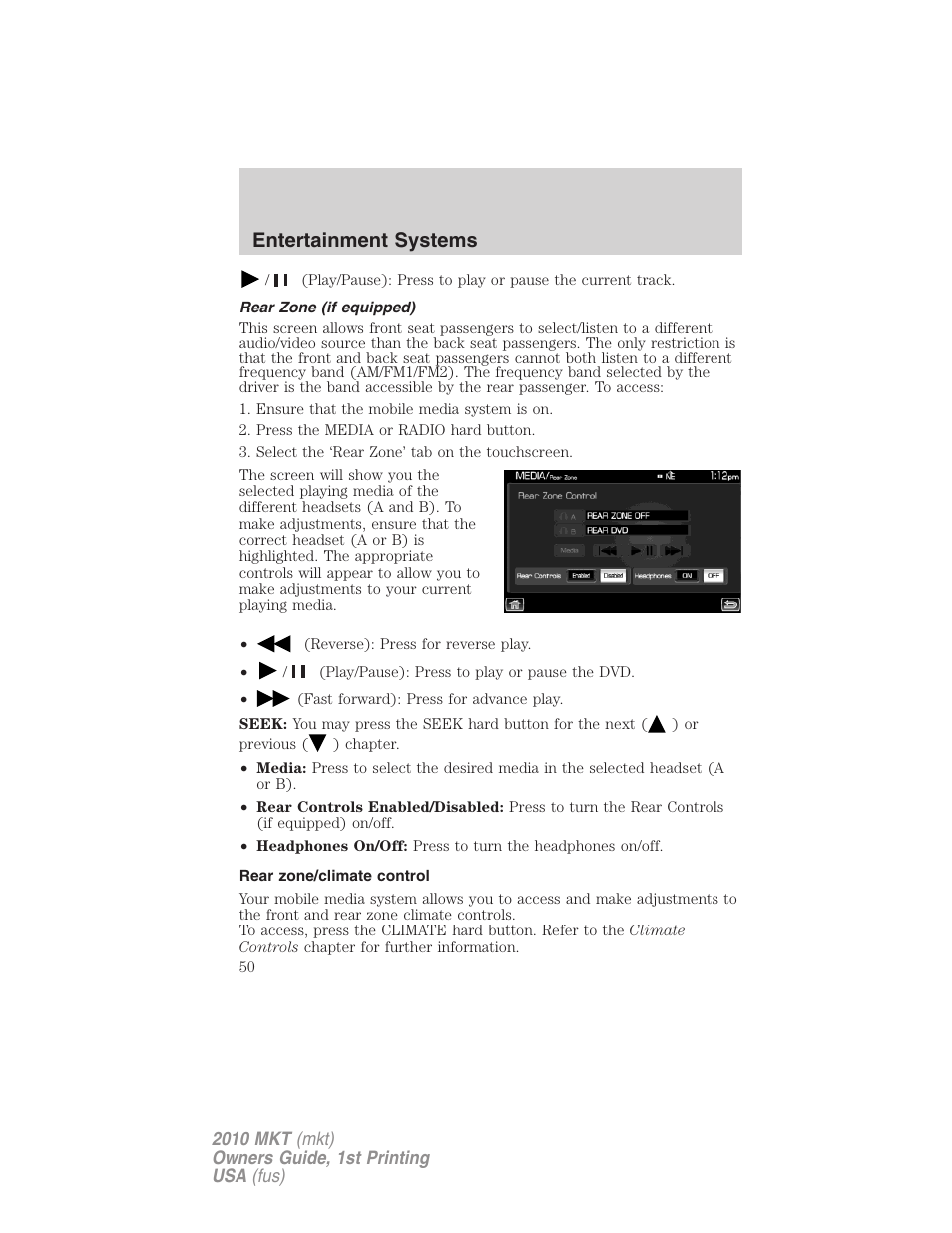 Rear zone (if equipped), Rear zone/climate control, Entertainment systems | Lincoln MKT User Manual | Page 50 / 430