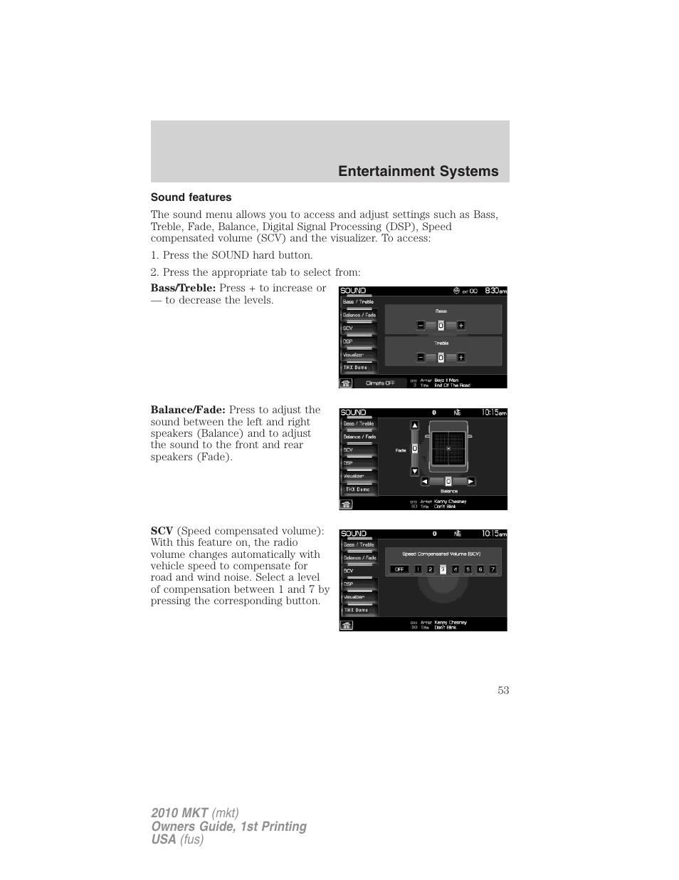 Sound features, Entertainment systems | Lincoln MKT User Manual | Page 53 / 430