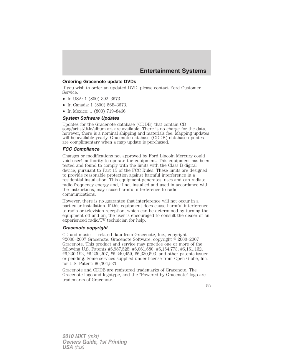 Ordering gracenote update dvds, System software updates, Fcc compliance | Gracenote copyright, Entertainment systems | Lincoln MKT User Manual | Page 55 / 430