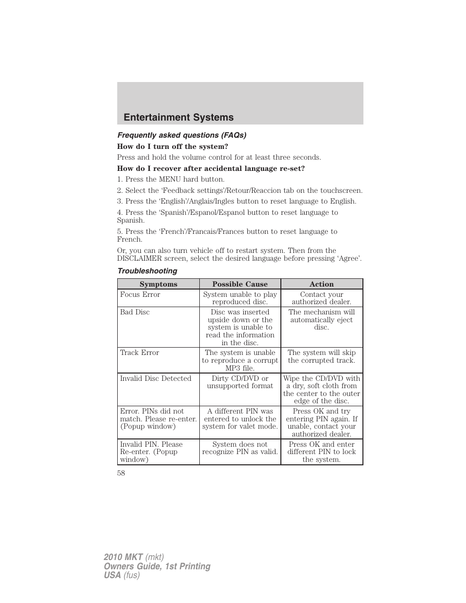 Frequently asked questions (faqs), Troubleshooting, Entertainment systems | Lincoln MKT User Manual | Page 58 / 430