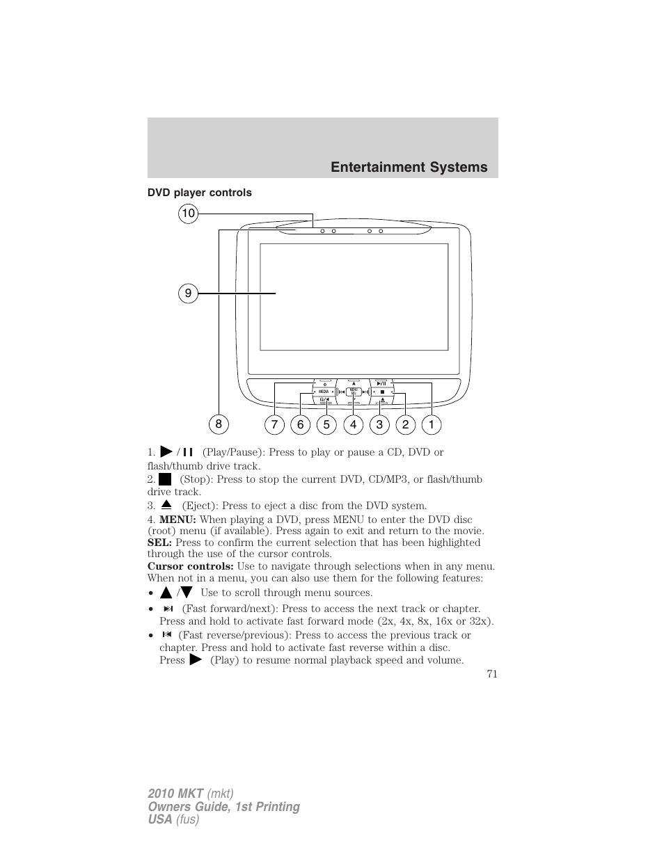 Dvd player controls, Entertainment systems | Lincoln MKT User Manual | Page 71 / 430