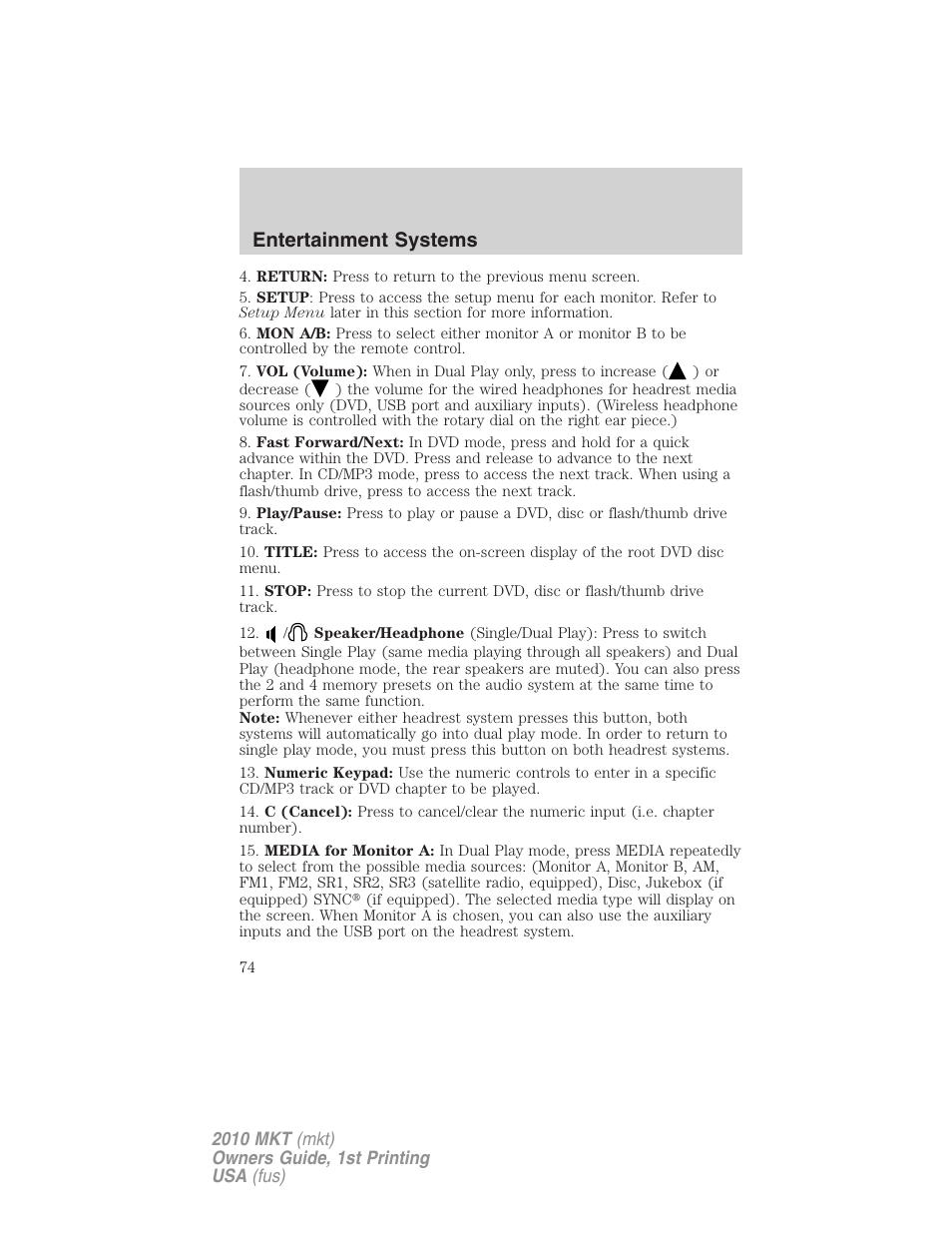 Entertainment systems | Lincoln MKT User Manual | Page 74 / 430