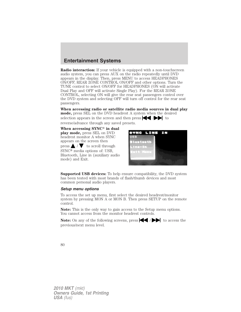 Setup menu options, Entertainment systems | Lincoln MKT User Manual | Page 80 / 430
