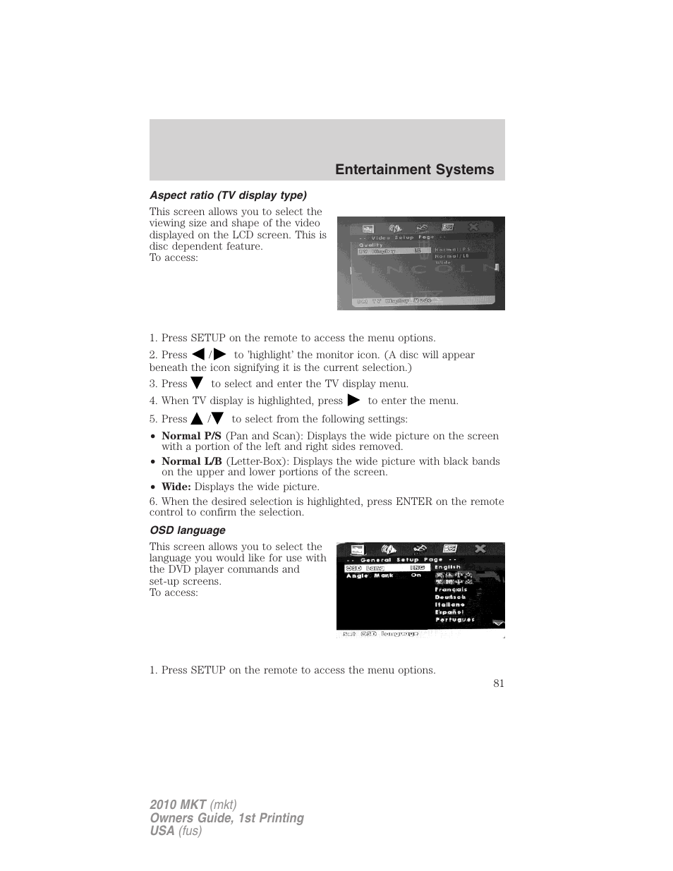 Aspect ratio (tv display type), Osd language, Entertainment systems | Lincoln MKT User Manual | Page 81 / 430