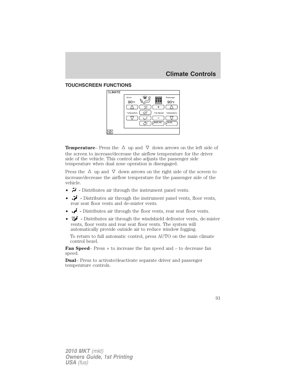 Touchscreen functions, Climate controls | Lincoln MKT User Manual | Page 91 / 430