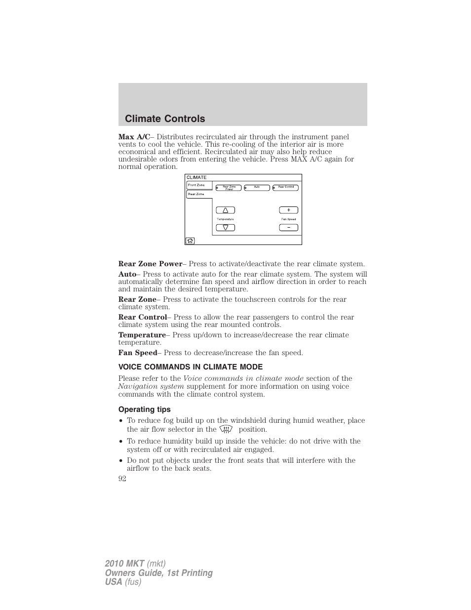 Voice commands in climate mode, Operating tips, Climate controls | Lincoln MKT User Manual | Page 92 / 430