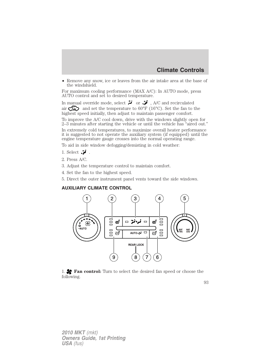 Auxiliary climate control, Climate controls | Lincoln MKT User Manual | Page 93 / 430