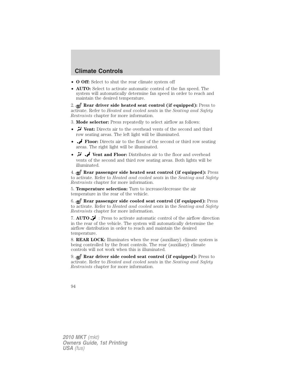 Climate controls | Lincoln MKT User Manual | Page 94 / 430