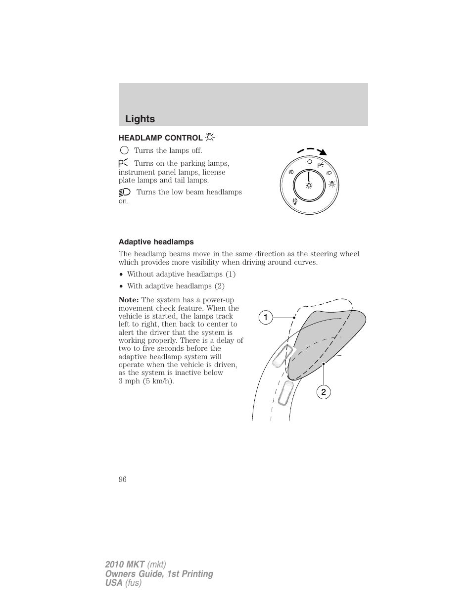 Lights, Headlamp control, Adaptive headlamps | Headlamps | Lincoln MKT User Manual | Page 96 / 430