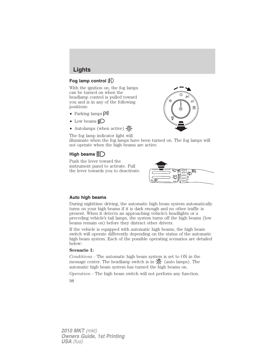 Fog lamp control, High beams, Auto high beams | Lights | Lincoln MKT User Manual | Page 98 / 430