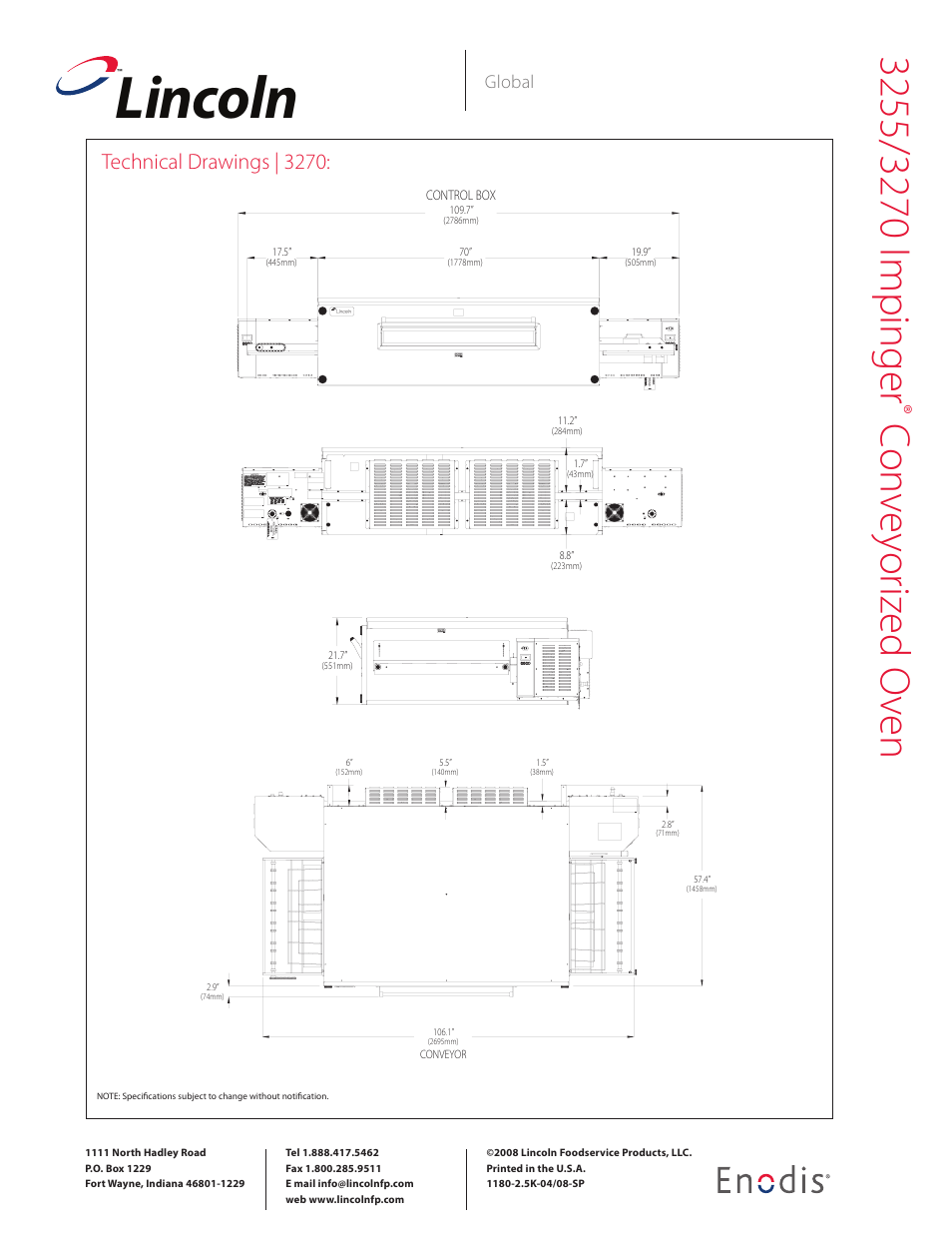 Lincoln, Con ve yor iz ed o ven, Technical drawings | 3270 | Global | Lincoln Impinger Conveyorized Oven 3270 User Manual | Page 4 / 4