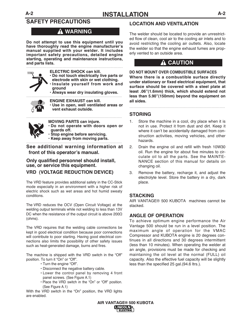 Installation, Safety precautions, Warning | Caution | Lincoln AIR VANTAGE IM985 User Manual | Page 10 / 58