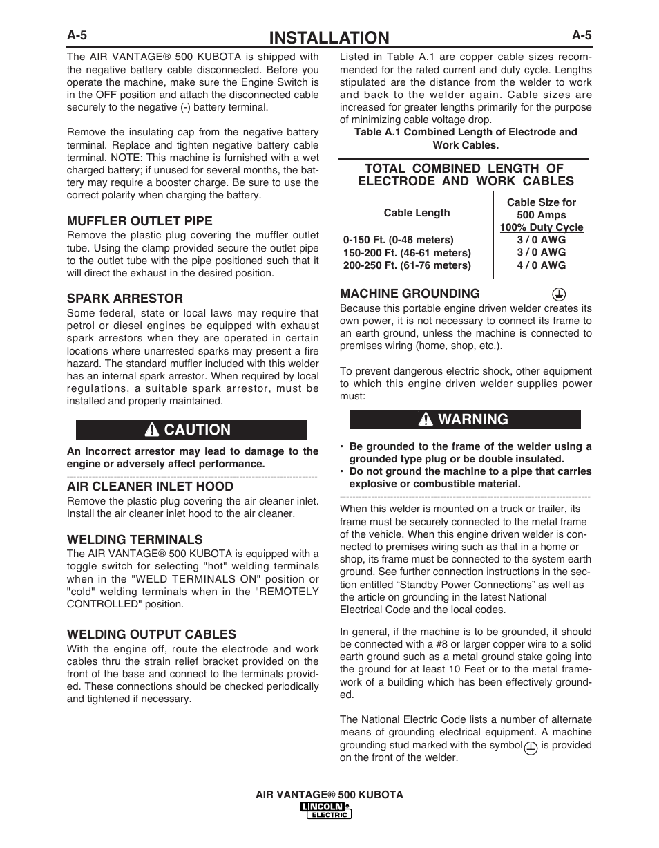 Installation, Caution, Warning | Lincoln AIR VANTAGE IM985 User Manual | Page 13 / 58