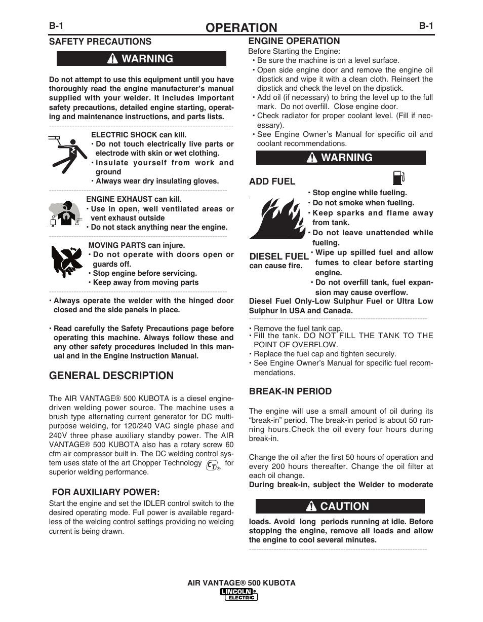 Operation, General description, Warning | Warning caution | Lincoln AIR VANTAGE IM985 User Manual | Page 19 / 58