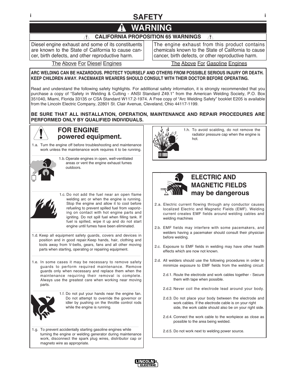 Warning, Safety, For engine powered equipment | Electric and magnetic fields may be dangerous | Lincoln AIR VANTAGE IM985 User Manual | Page 2 / 58