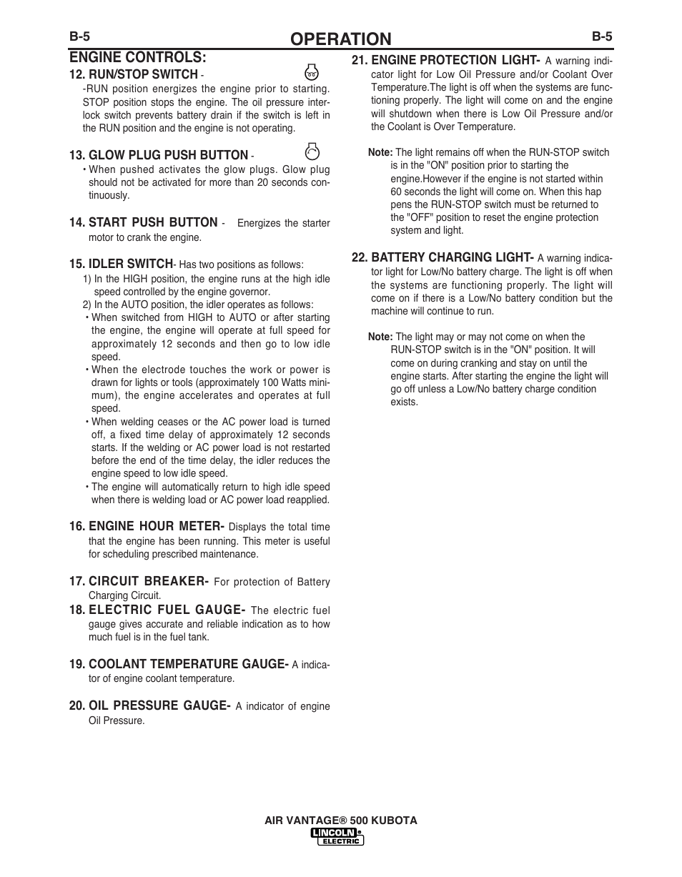 Operation, Engine controls | Lincoln AIR VANTAGE IM985 User Manual | Page 23 / 58