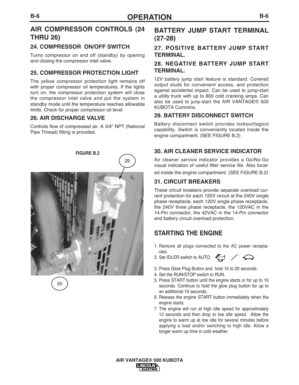 Operation, Air compressor controls (24 thru 26), Battery jump start terminal (27-28) | Starting the engine | Lincoln AIR VANTAGE IM985 User Manual | Page 24 / 58