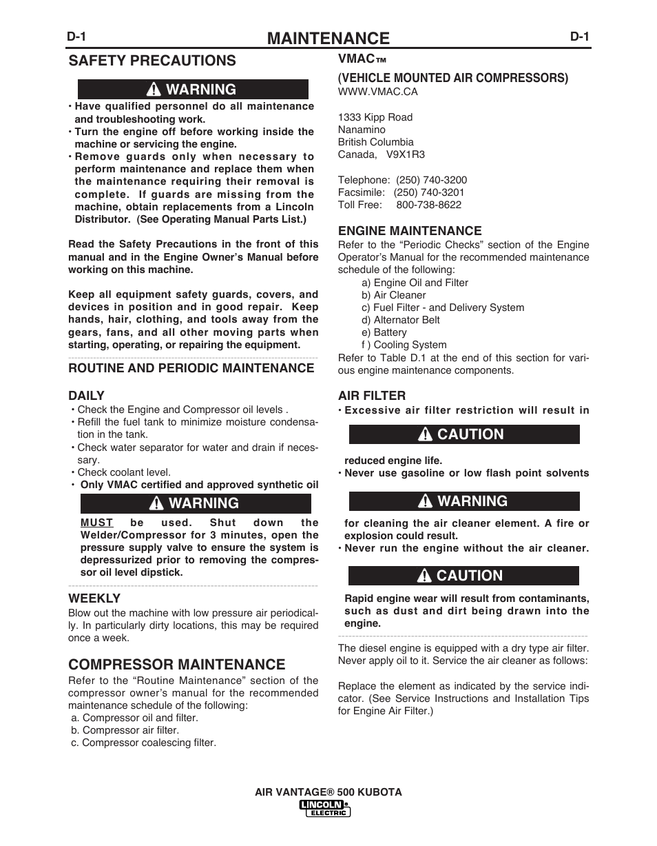 Maintenance, Safety precautions, Compressor maintenance | Warning, Warning caution caution warning | Lincoln AIR VANTAGE IM985 User Manual | Page 30 / 58