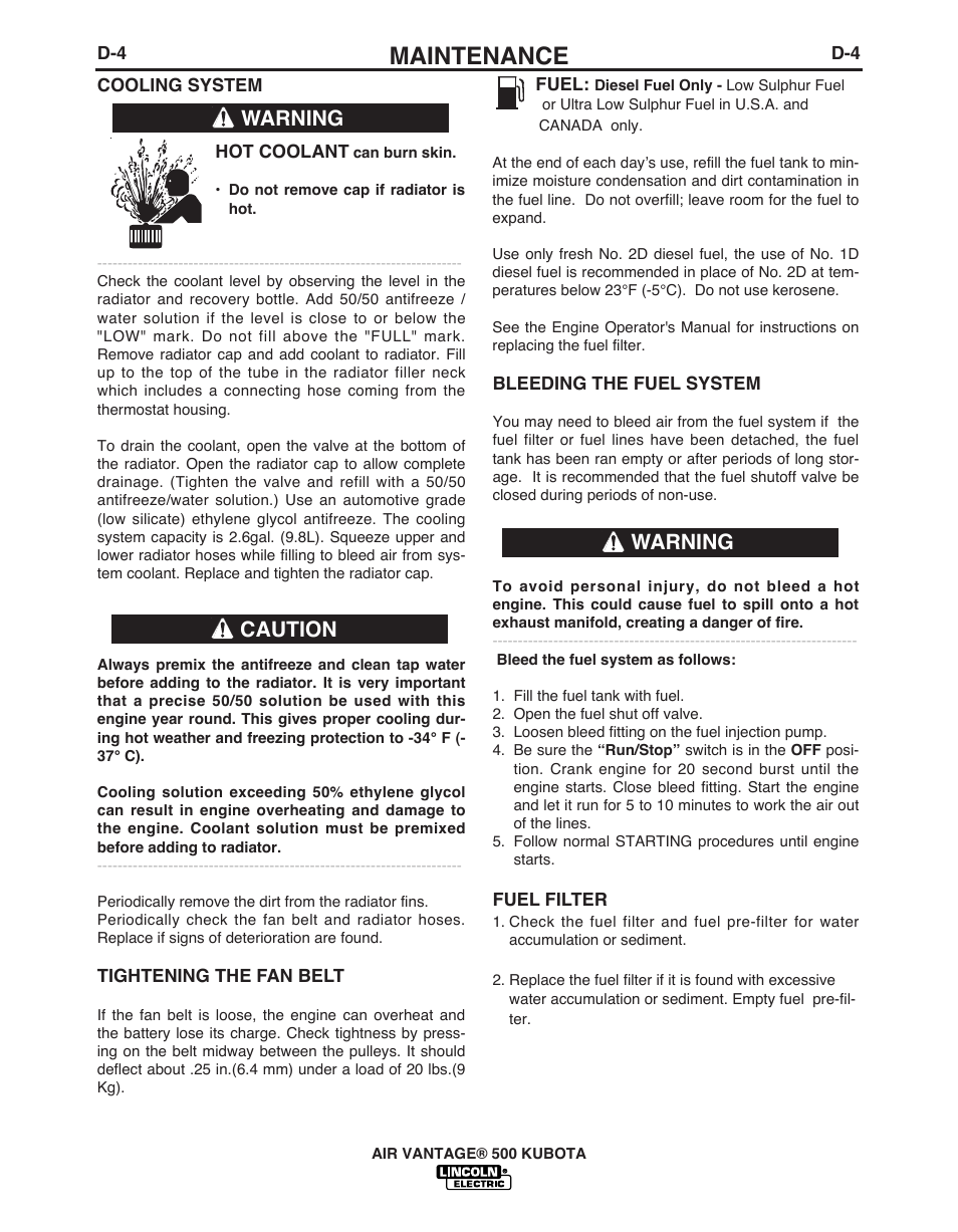 Maintenance, Warning caution warning | Lincoln AIR VANTAGE IM985 User Manual | Page 33 / 58