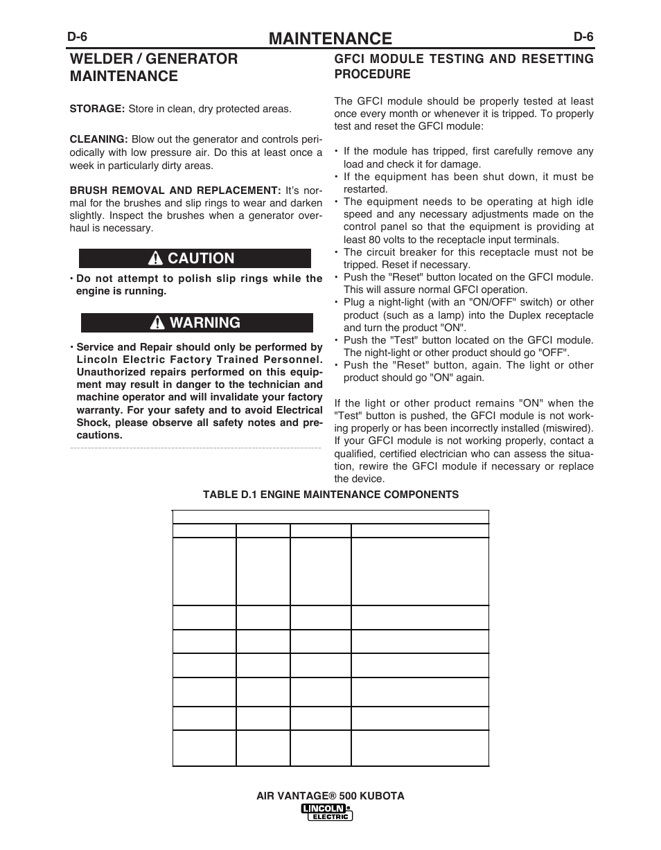 Maintenance, Welder / generator maintenance, Warning | Caution, Gfci module testing and resetting procedure | Lincoln AIR VANTAGE IM985 User Manual | Page 35 / 58