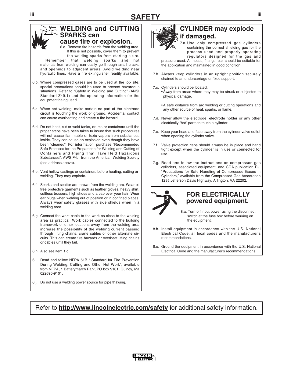 Safety, For electrically powered equipment, Cylinder may explode if damaged | Lincoln AIR VANTAGE IM985 User Manual | Page 4 / 58