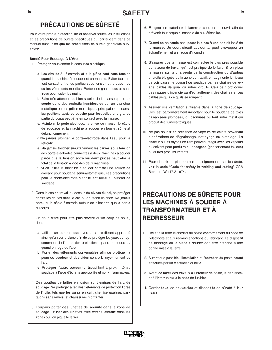 Safety, Précautions de sûreté | Lincoln AIR VANTAGE IM985 User Manual | Page 5 / 58