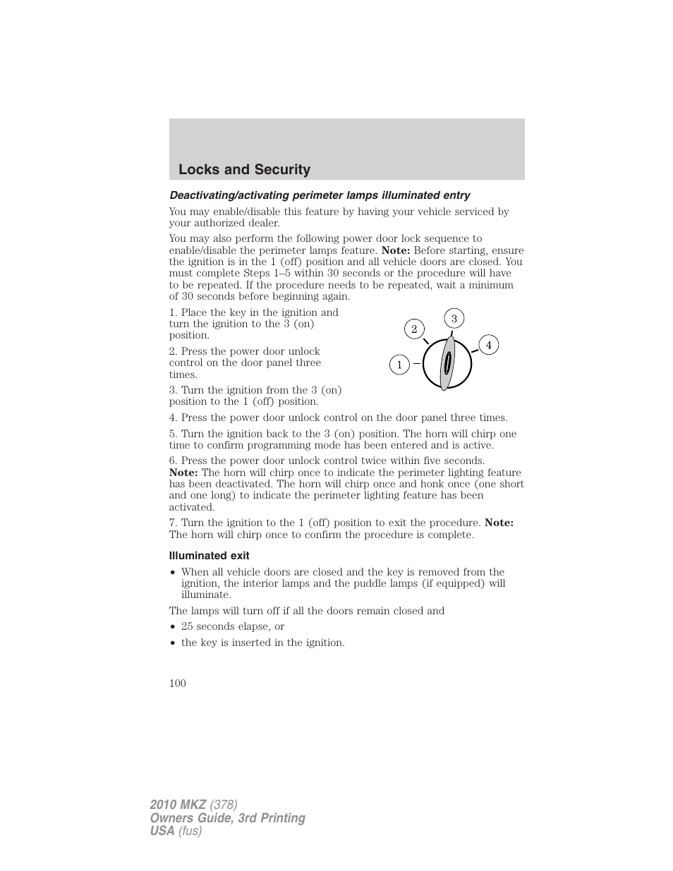 Illuminated exit, Locks and security | Lincoln 2010 MKZ User Manual | Page 100 / 317