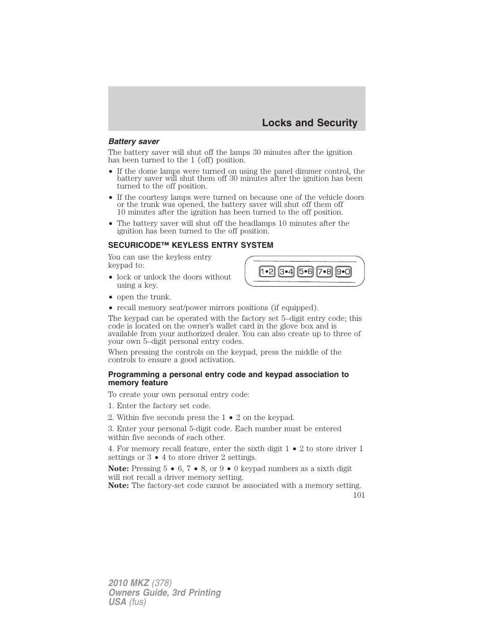 Battery saver, Securicode™ keyless entry system, Locks and security | Lincoln 2010 MKZ User Manual | Page 101 / 317