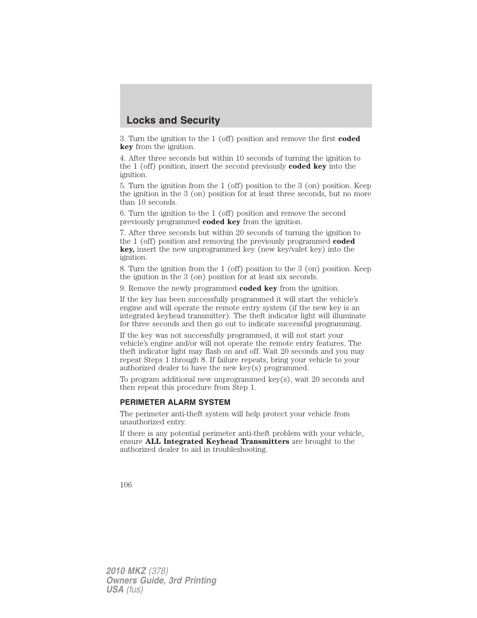 Perimeter alarm system, Locks and security | Lincoln 2010 MKZ User Manual | Page 106 / 317