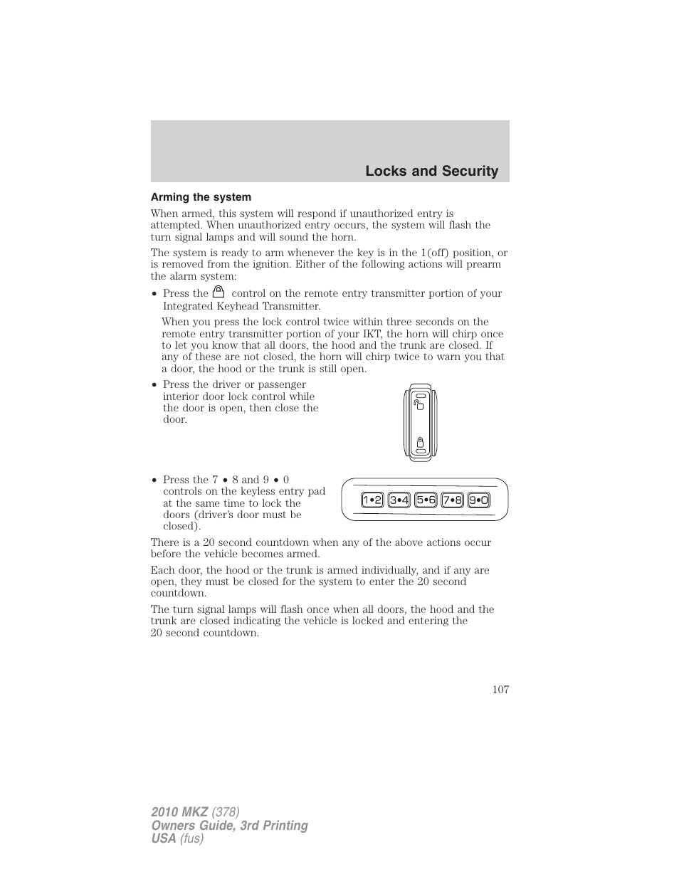 Arming the system, Locks and security | Lincoln 2010 MKZ User Manual | Page 107 / 317