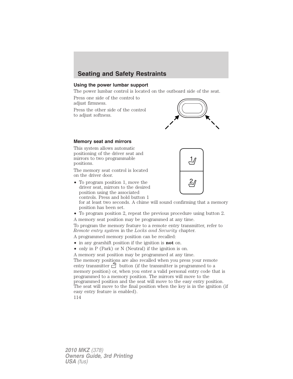 Using the power lumbar support, Memory seat and mirrors, Seating and safety restraints | Lincoln 2010 MKZ User Manual | Page 114 / 317