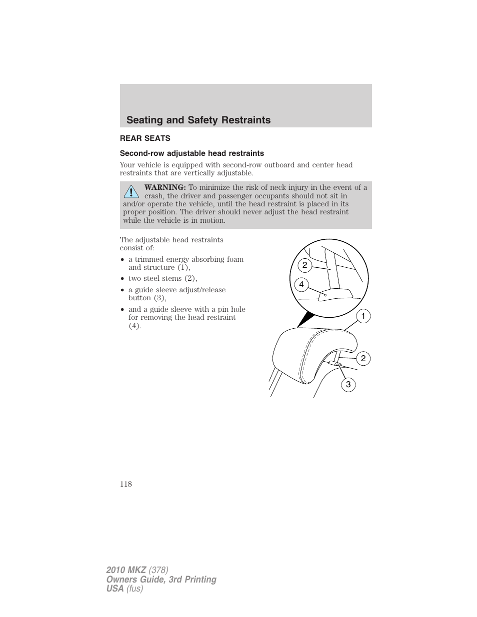 Rear seats, Second-row adjustable head restraints, Seating and safety restraints | Lincoln 2010 MKZ User Manual | Page 118 / 317