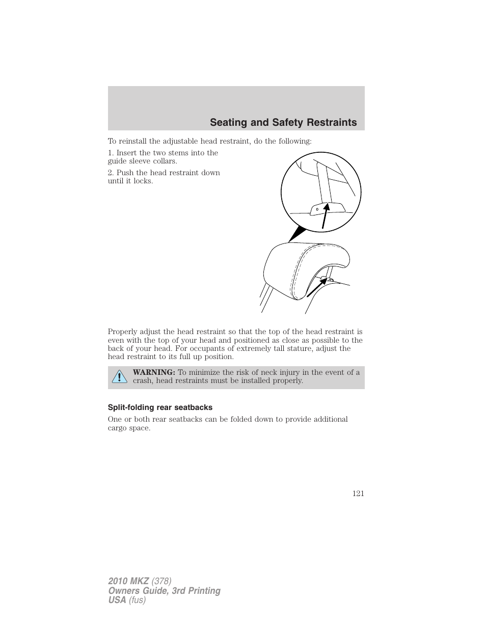 Split-folding rear seatbacks, Seating and safety restraints | Lincoln 2010 MKZ User Manual | Page 121 / 317