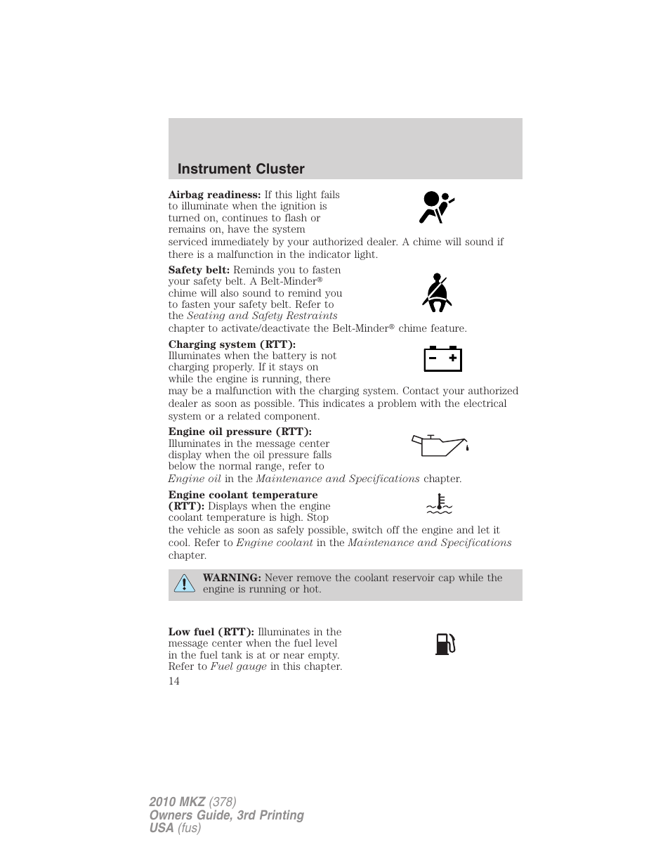 Instrument cluster | Lincoln 2010 MKZ User Manual | Page 14 / 317