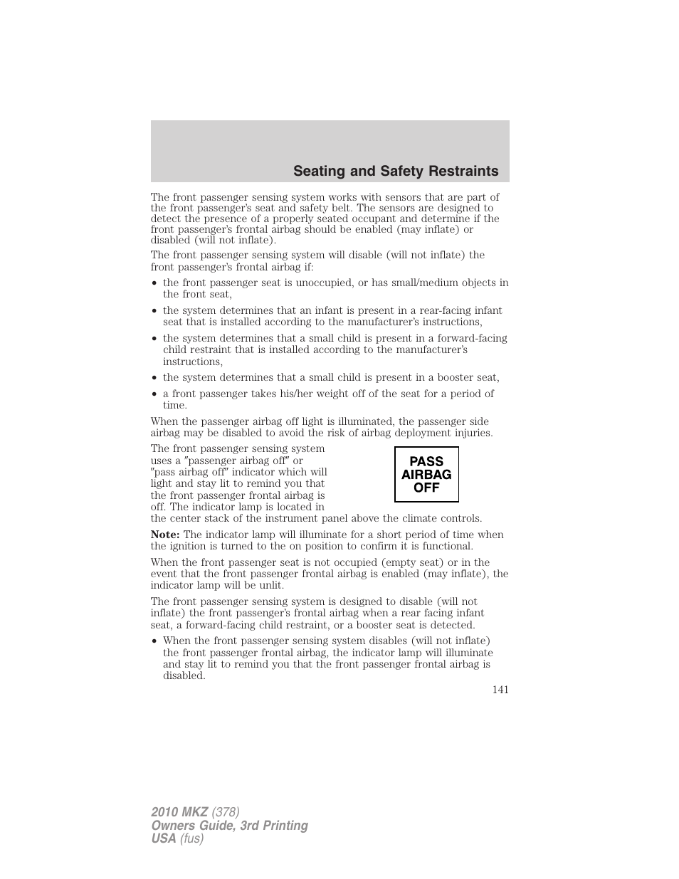 Seating and safety restraints | Lincoln 2010 MKZ User Manual | Page 141 / 317