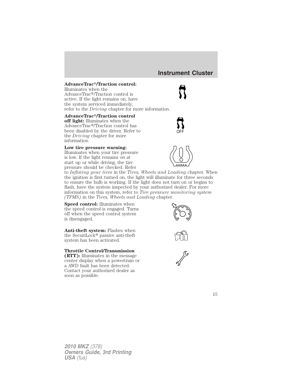 Instrument cluster | Lincoln 2010 MKZ User Manual | Page 15 / 317