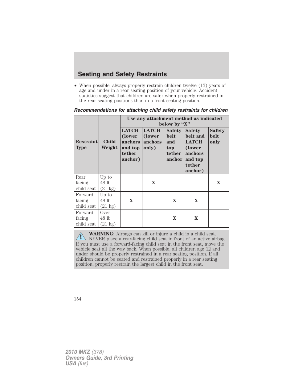 Seating and safety restraints | Lincoln 2010 MKZ User Manual | Page 154 / 317